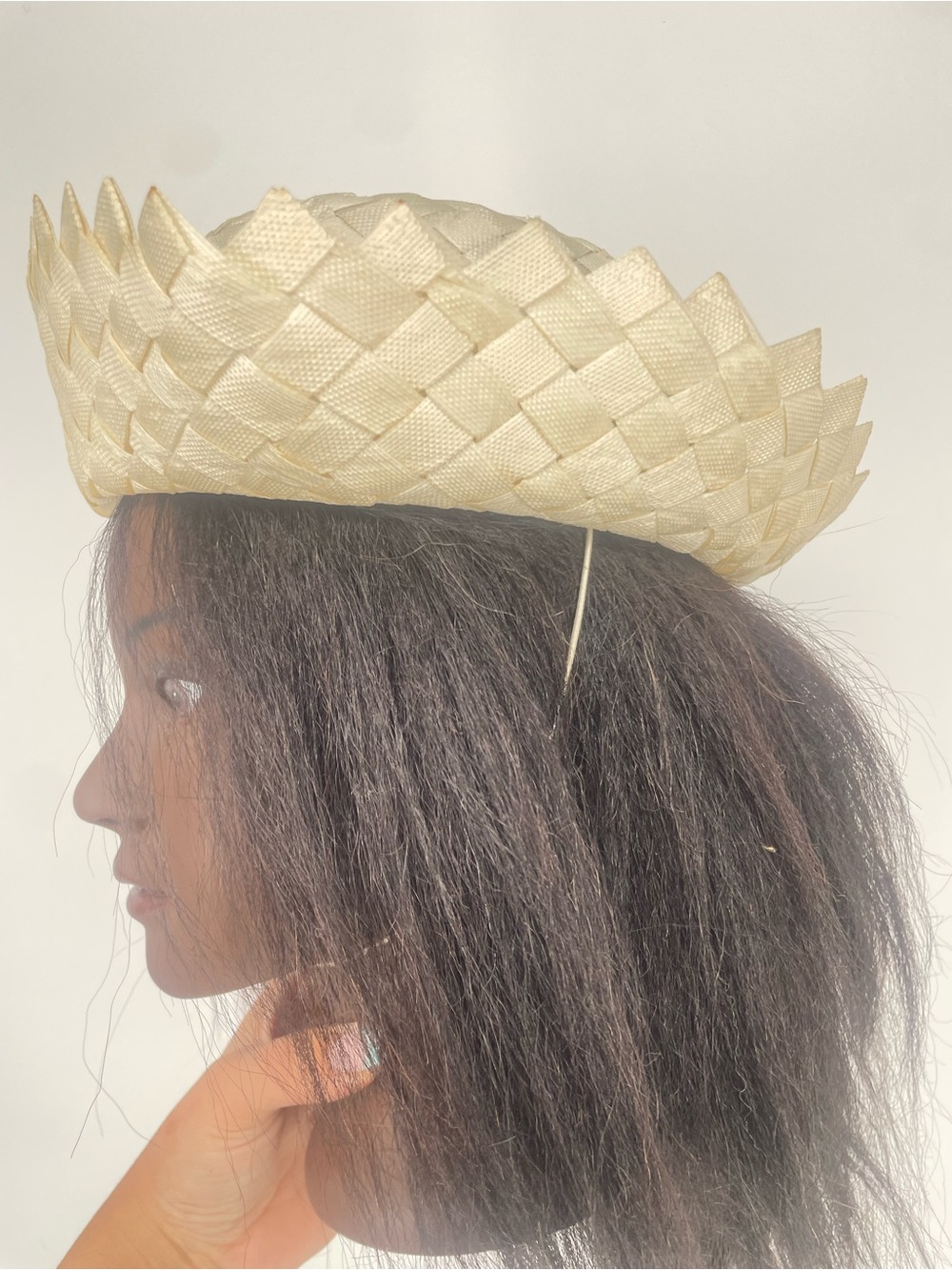 Vintage Cream Off White Woven Straw Hat W Velvet Bow Detail Sunhat Elastic Strap - Picture 6 of 16